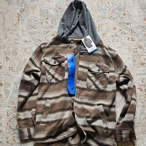 Quiksilver Men's Brown and Gray Striped Jacket with Hood